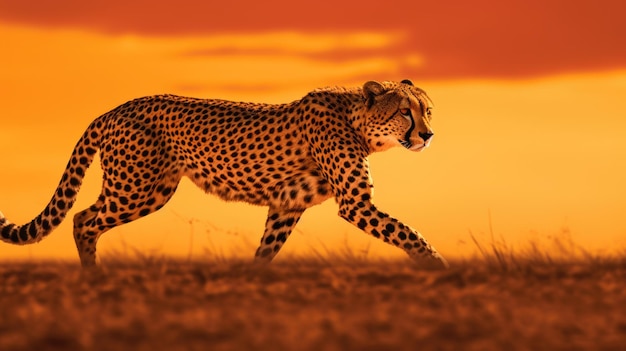 Un guepardo está caminando por un campo abierto.