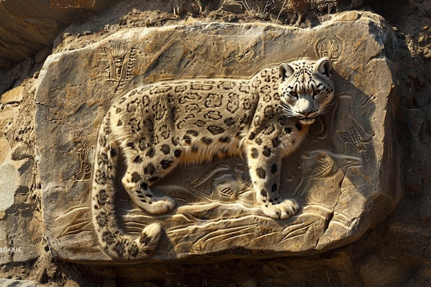 un guepardo está en una piedra con una talla de un leopardo