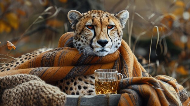 Un guepardo está sentado en un tronco con una manta y bebiendo un vaso de whisky