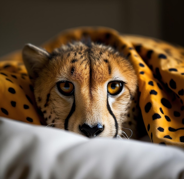 Un guepardo con manchas amarillas está envuelto en una manta.