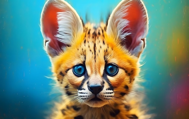 Un guepardo con ojos azules se sienta sobre un fondo azul.