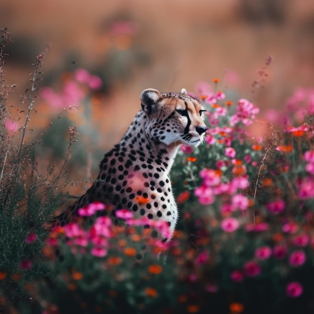 Un guepardo sentado en un campo de flores Imagen generativa de IA