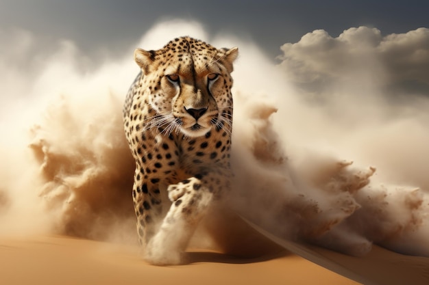 Un guepardo en una tormenta de arena se representa en una ilustración de renderización 3D generada por IA