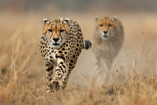 Los guepardos rápidos corren a través de las llanuras africanas