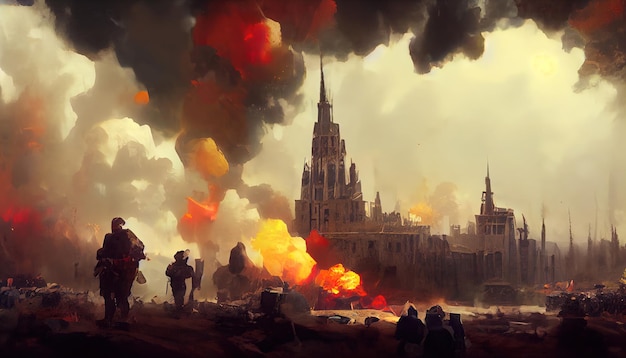 Guerra en el campo de batalla en la ciudad Arte digital Ilustración Pintura