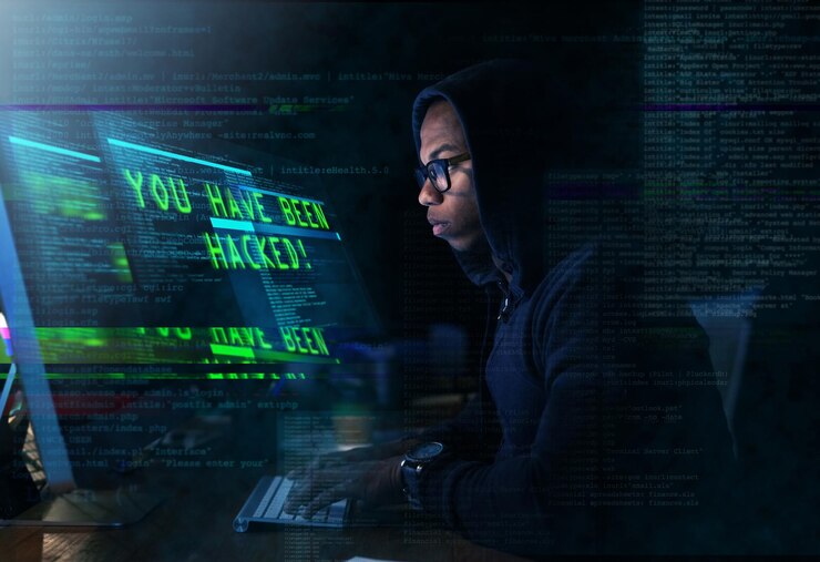 Foto guerra cibernética captura recortada de un joven que piratea una red informática segura