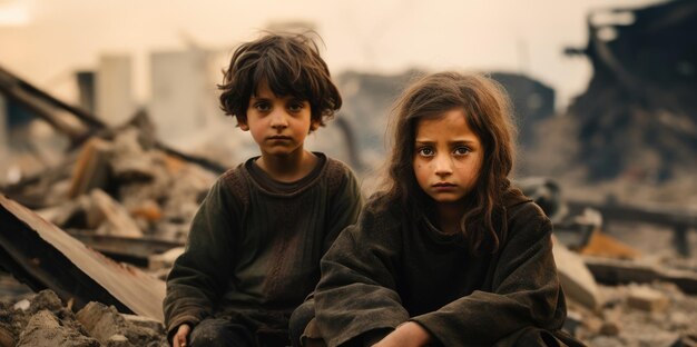 Guerra e crianças Duas crianças nas ruínas de edifícios contra o fundo de uma cidade devastada pela guerra