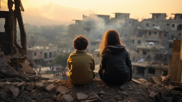 Guerra e crianças Duas crianças nas ruínas de edifícios contra o fundo de uma cidade devastada pela guerra