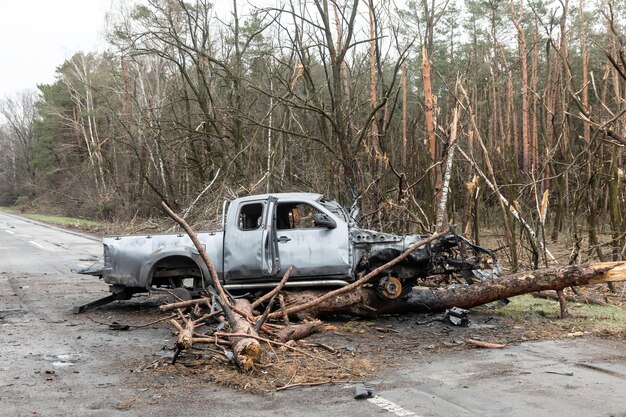 Guerra na Ucrânia Carro queimado e árvores danificadas Traços da invasão do exército russo da Ucrânia na estrada perto de Chernihiv