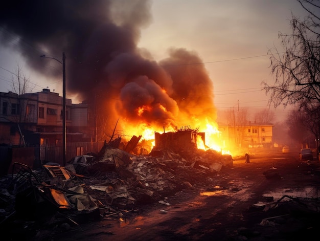 Guerra na Ucrânia destruiu edifícios fumaça fogo lixo