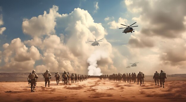 Guerra no deserto Silhuetas de soldados em operação antiterrorista
