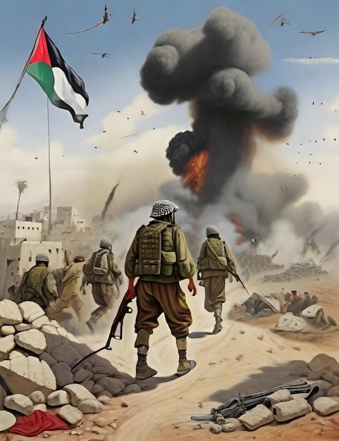 Guerra entre Palestina e Israel con la bandera de Palestina