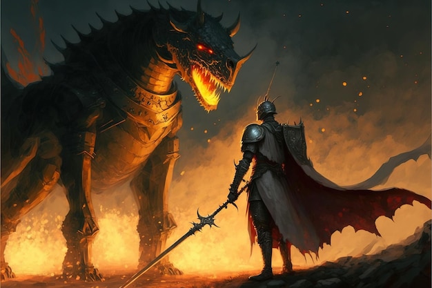 Guerreiro cavaleiro das trevas na batalha com dragão de fogo gigante Cavaleiro com a espada de luz em pé perto do dragão de fogo gigante arte digital estilo ilustração pintura pintura