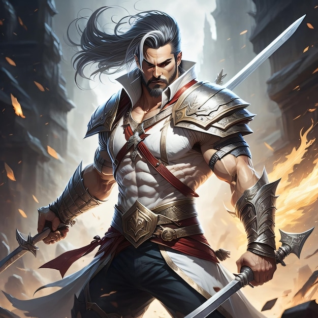 Guerreiro com cabelos brancos segurando a espada 2