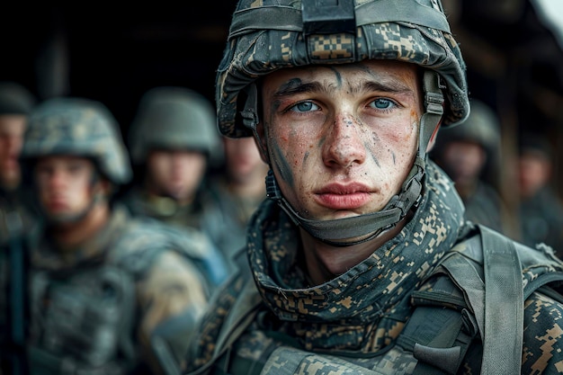 Guerreiro Corajoso Um retrato de um soldado em uniforme cercado por camaradas