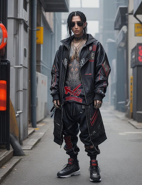 Guerreiro cyberpunk roupas streetwear estético noite néon cyberpunk