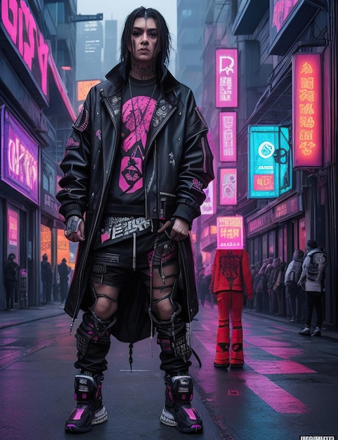 Guerreiro cyberpunk roupas streetwear estético noite néon cyberpunk