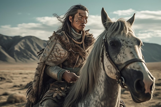 Guerreiro masculino da raça mongolóide a cavalo Estilo retrô