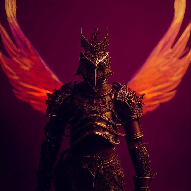 Guerreiro medieval com renderização 3d de retrato de demônio de asas