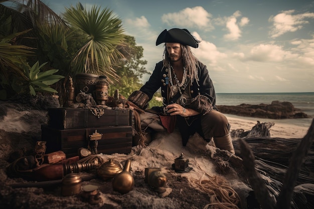 Guerreiro pirata cercado por seu tesouro em ilha remota