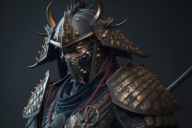 Guerreiro samurai sombrio com fundo preto de armadura Generative AI