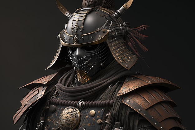 Guerreiro samurai sombrio com fundo preto de armadura Generative AI