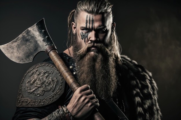 Guerreiro viking com pintura de guerra preta segurando sua geração de machado AI