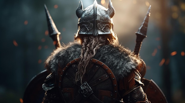 Foto guerreiro viking de costas com capacete generative ai