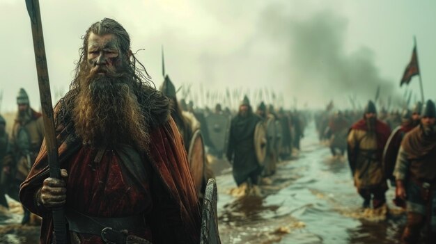 Guerreiros épicos vikings marchando por um campo de batalha nebuloso