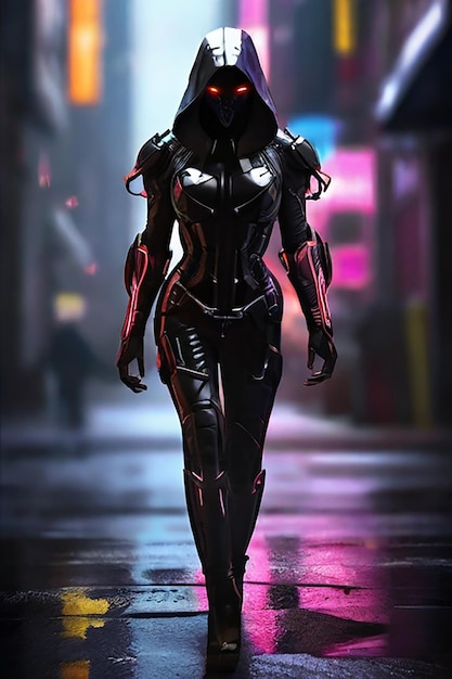 Foto una guerrera con un arma moderna en una ciudad de neón cyberpunk