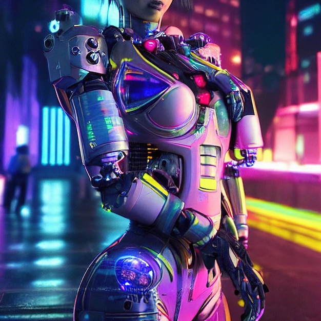 Guerrera de ciencia ficción de pie con un traje futurista en el contexto de una ciudad ciberpunk