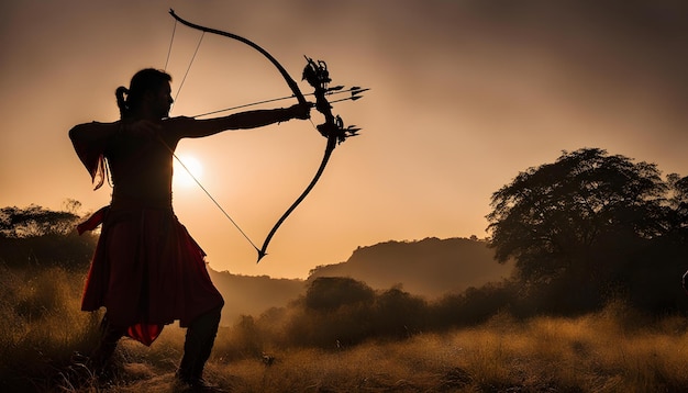 Foto un guerrero con un arco y una flecha en el cielo