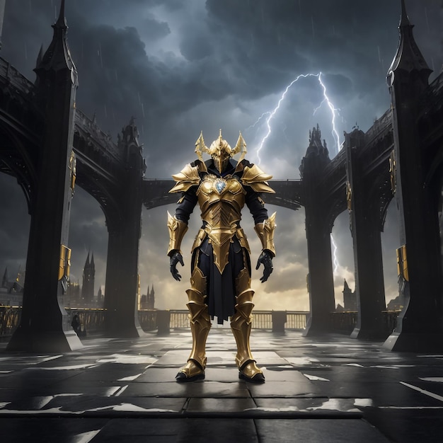 Un guerrero con una armadura dorada