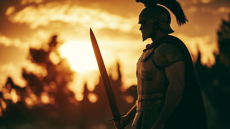 Guerrero en armadura de pie contra el telón de fondo del atardecer en una postura dramática y heroica