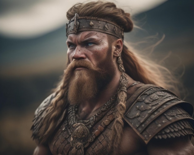 un guerrero con barba y cabello largo