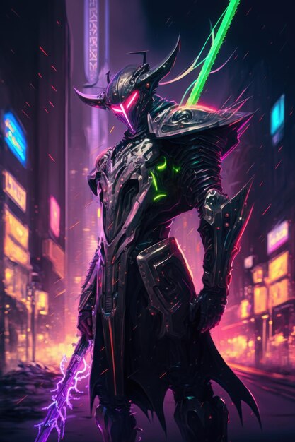 Un guerrero ciberpunk se encuentra entre las brillantes luces de neón de una ciudad futurista En una mano sostiene una espada cibernética cuya hoja emite un brillante resplandor de neón IA generativa