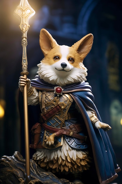 guerrero corgi antropomórfico sosteniendo una espada y un escudo ftalo alto ornamentado y armadura dorada