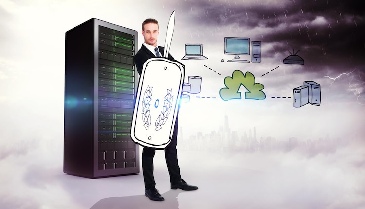 Foto guerrero corporativo contra la imagen compuesta de doodle de computación en la nube