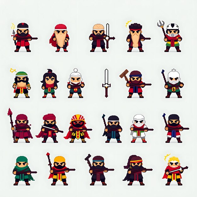 Guerrero diverso en cuadrícula de arte de píxeles de 4 bits estilo pixelado simple de 4 bits con un conjunto de personajes lindos
