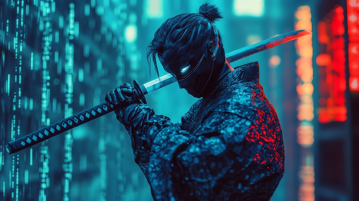 Foto un guerrero enmascarado con una katana en una ciudad iluminada con neón
