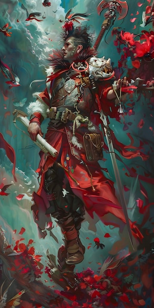 un guerrero con una espada y un fondo rojo y azul