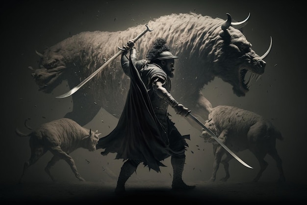 Un guerrero con una espada y una oveja.