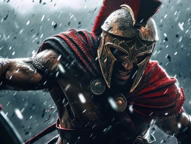 Un guerrero espartano con una capa roja y un casco negro con la palabra gladiador en él.