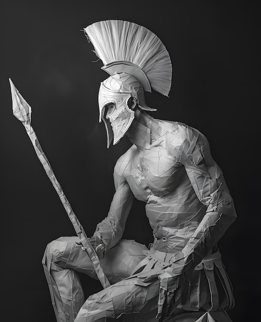 Foto guerrero espartano con lanza y casco aislado en la oscuridad