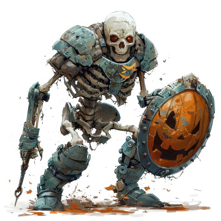Guerrero esqueleto de Halloween con escudo de calabaza diseño de personaje temático de Halloween
