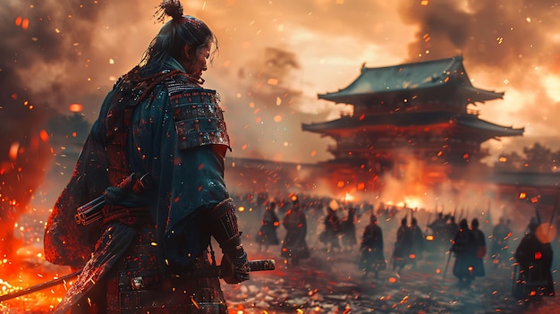 Un guerrero está de pie frente a un edificio en llamas.