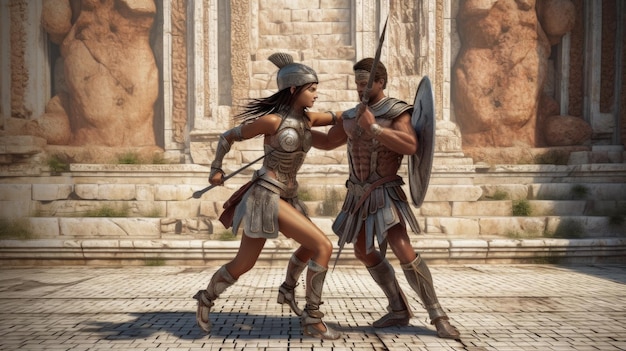 Un guerrero griego y una mujer pelean frente a un templo.