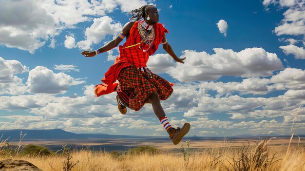 Un guerrero masai saltando alto en una danza cultural rodeado de un vibrante paisaje de la sabana africana