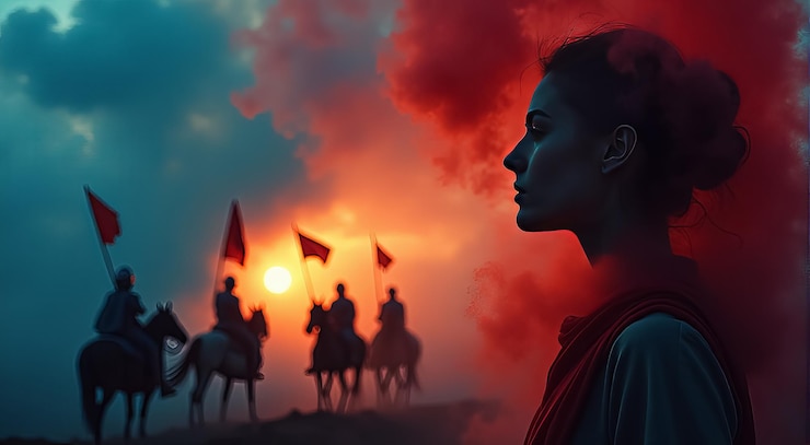 Foto un guerrero mira la puesta de sol mientras un grupo de caballeros a caballo cabalgan a través del colorido humo en una noche brumosa