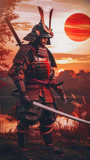 Foto un guerrero samurai al atardecer samurai japonés